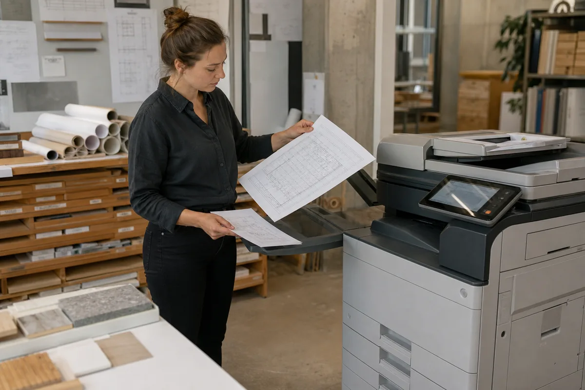Architecture employee comparing A3 and A4 paper at a copier