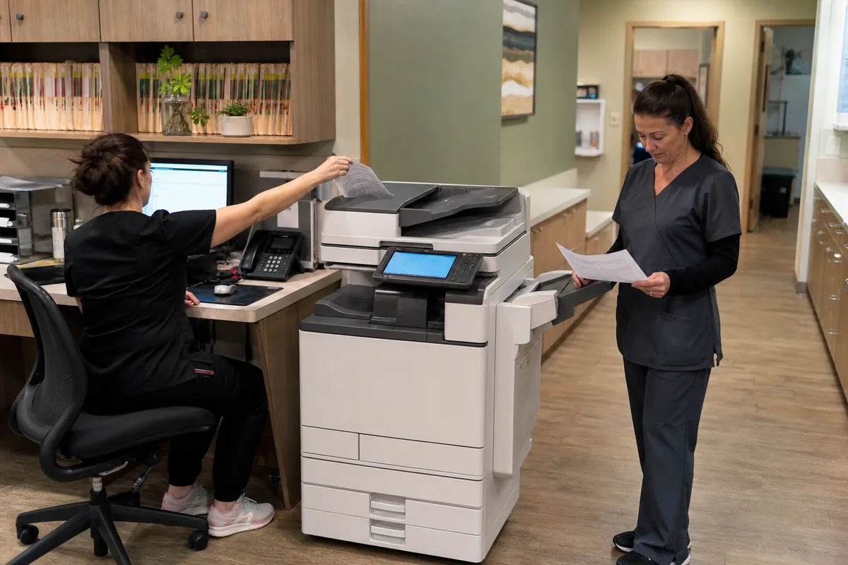 Medical office administrator using a multifunction copier workflow
