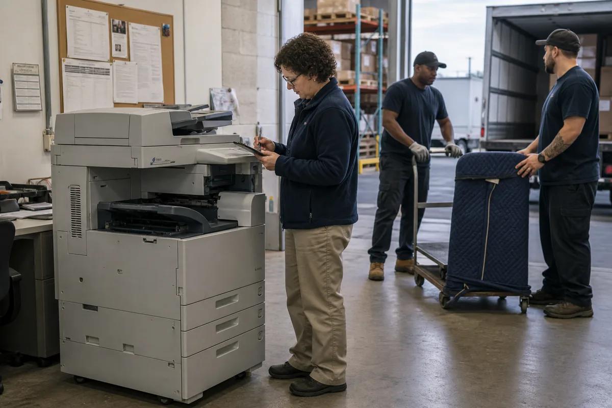 Facilities team preparing an office copier for lease-end return