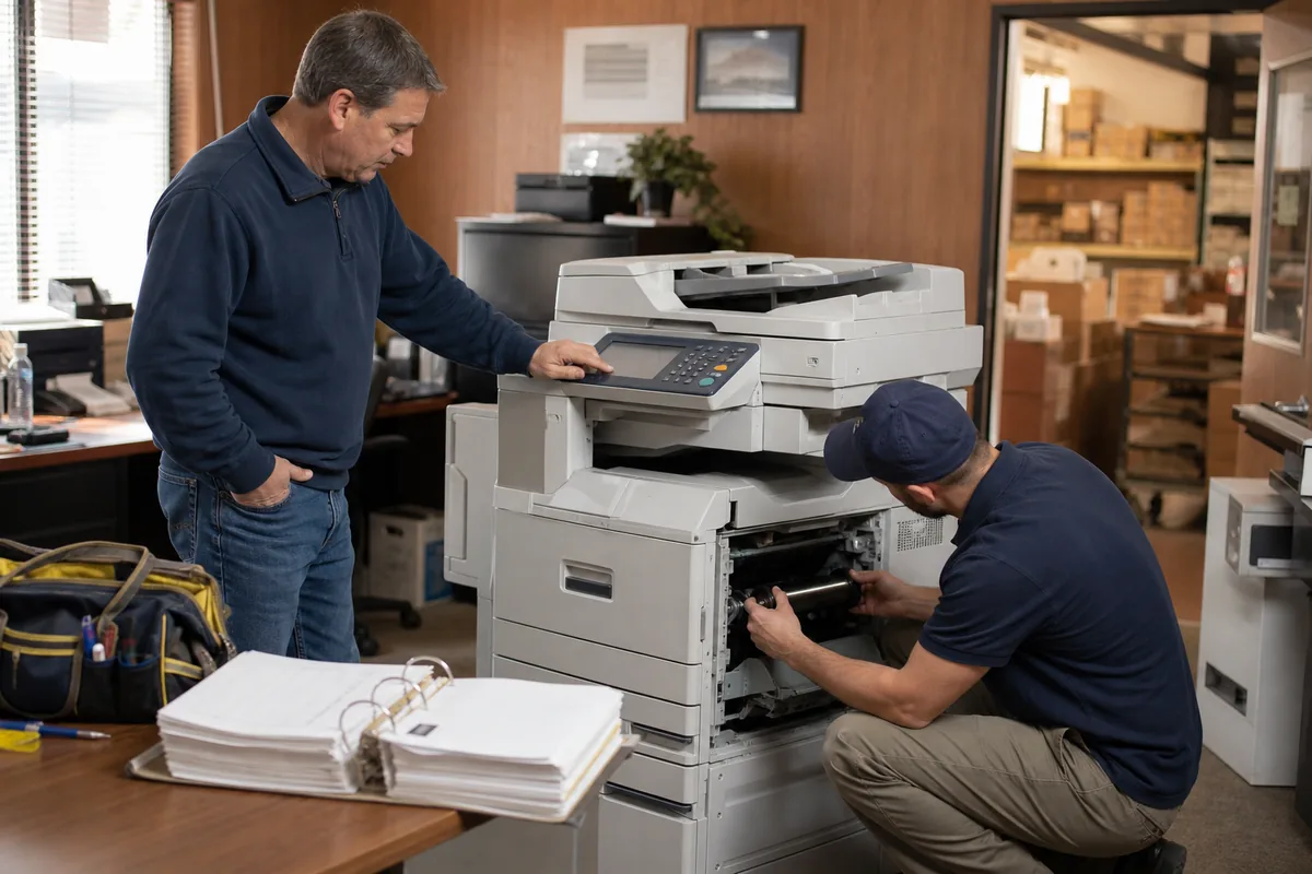 Operations manager and technician evaluating an older office copier