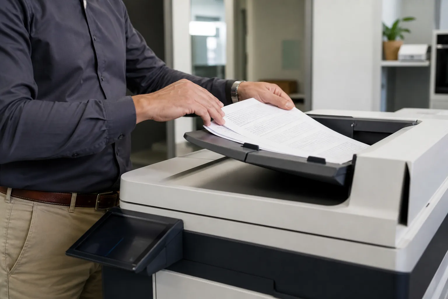 Office team evaluating copier equipment and document workflow