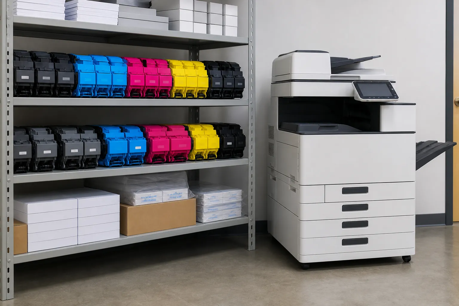 Office team evaluating copier equipment and document workflow