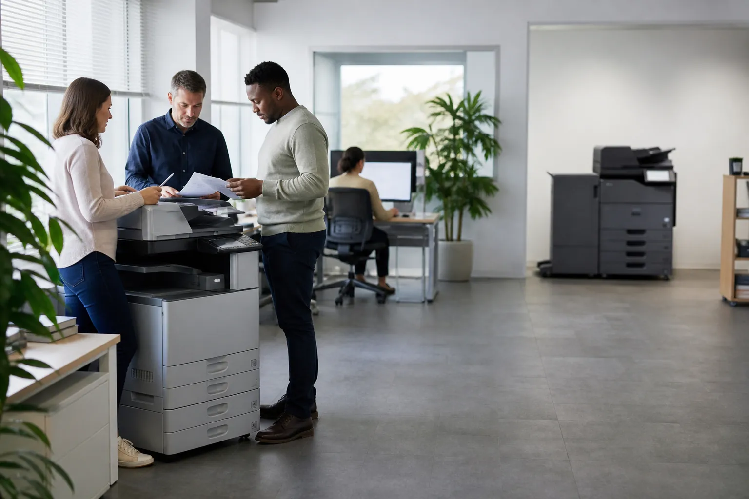 Office team evaluating copier equipment and document workflow
