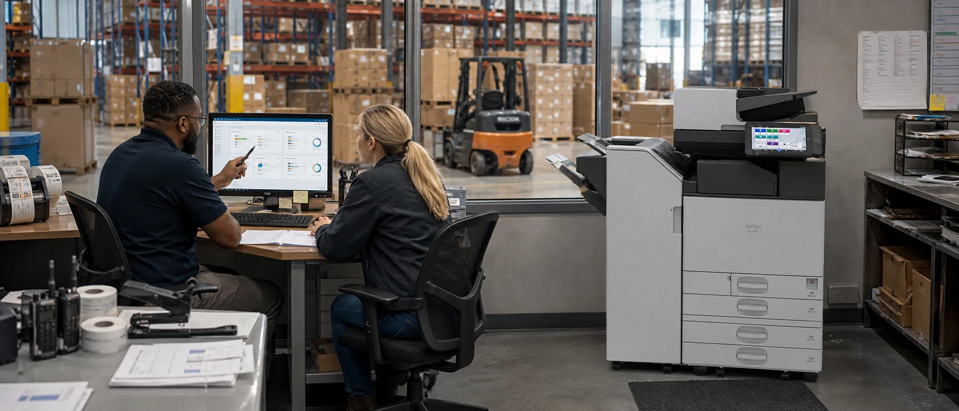Business team comparing commercial multifunction copier proposals
