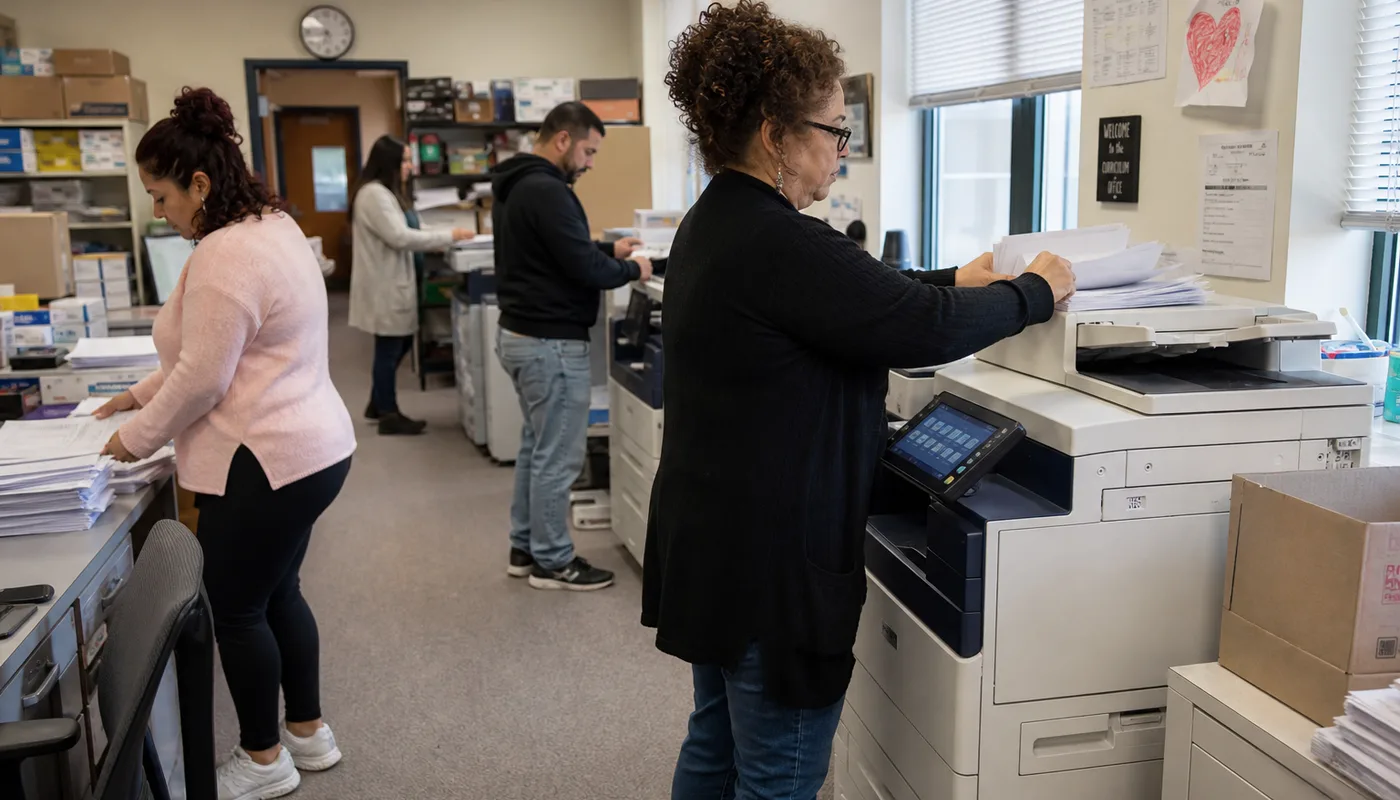 Facilities manager reviewing a copier service contract