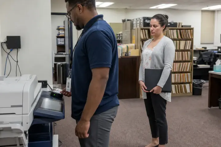 Print room with production printer and finishing equipment
