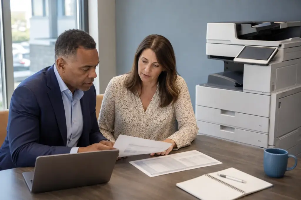 Office staff operating a high-volume multifunction copier