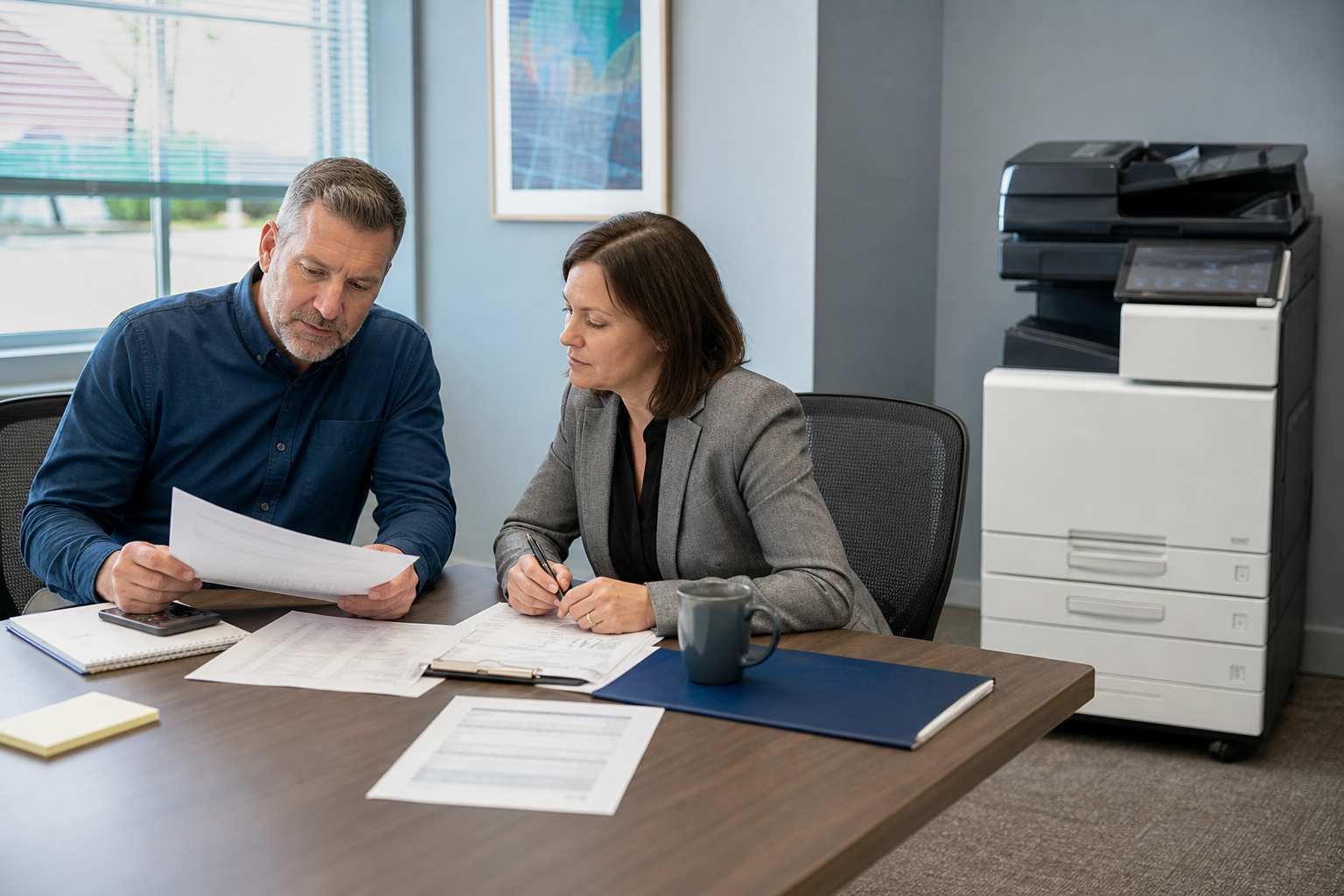 Business managers comparing office copier purchase and lease options