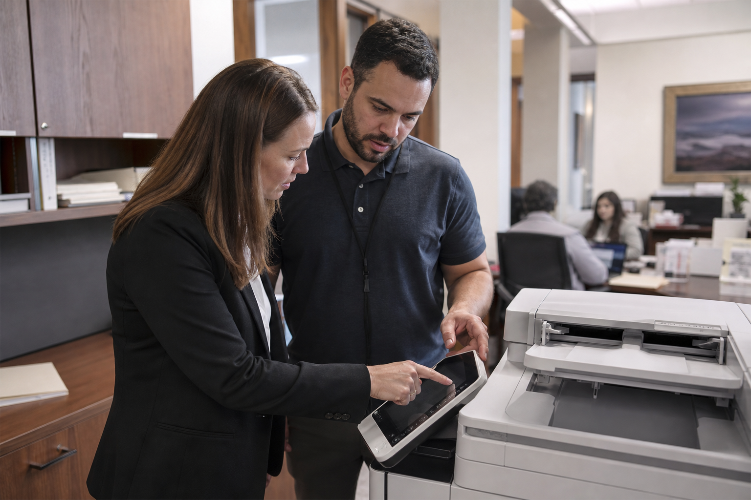 Office manager reviewing copier lease documents beside a multifunction copier