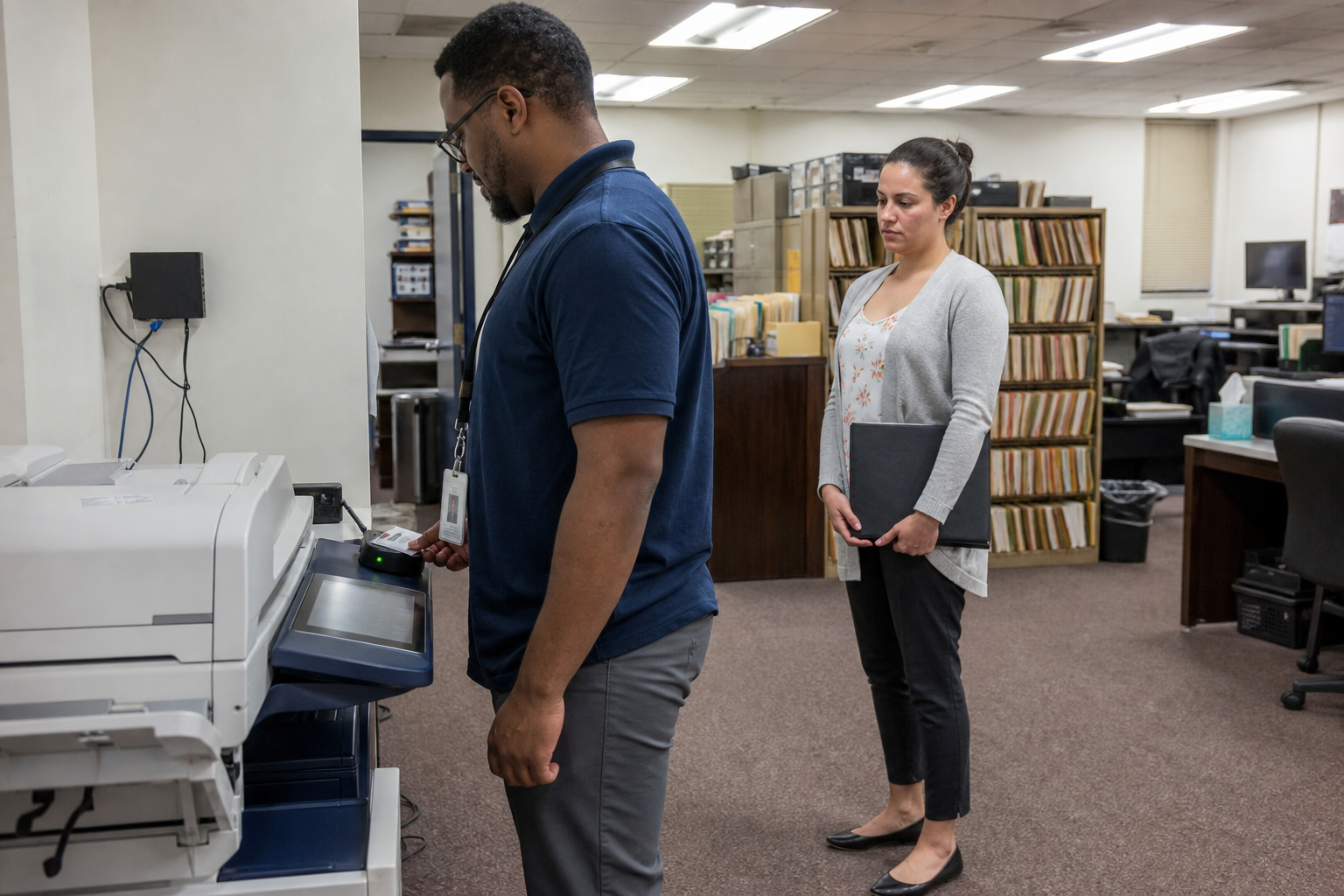 IT administrator using secure print authentication on an office multifunction copier