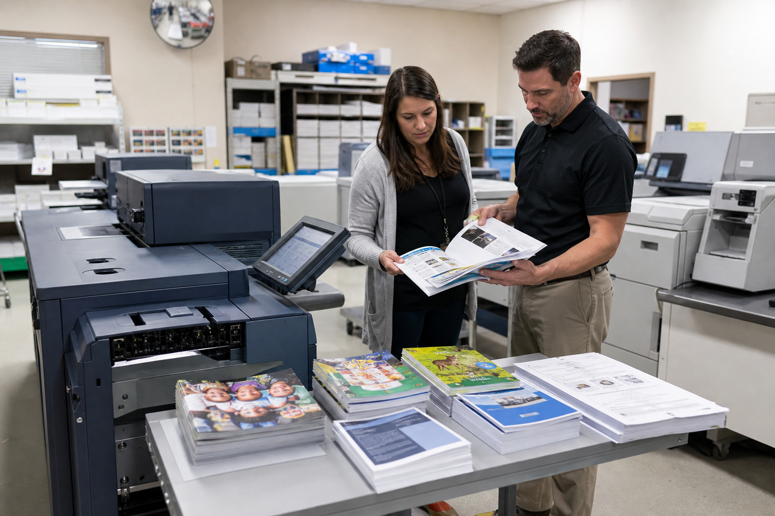 School office staff comparing copier meter readings and service costs