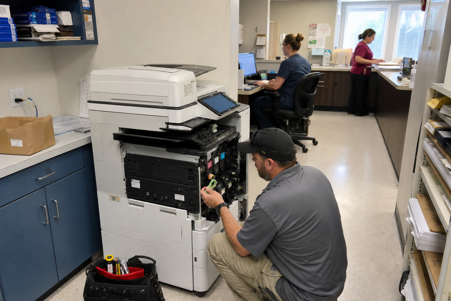 Copier technician maintaining a multifunction copier in a working medical office