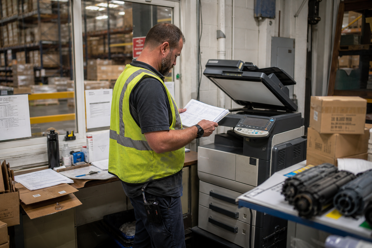 A warehouse operations manager reviewing a copier service record beside a working multifunction copier