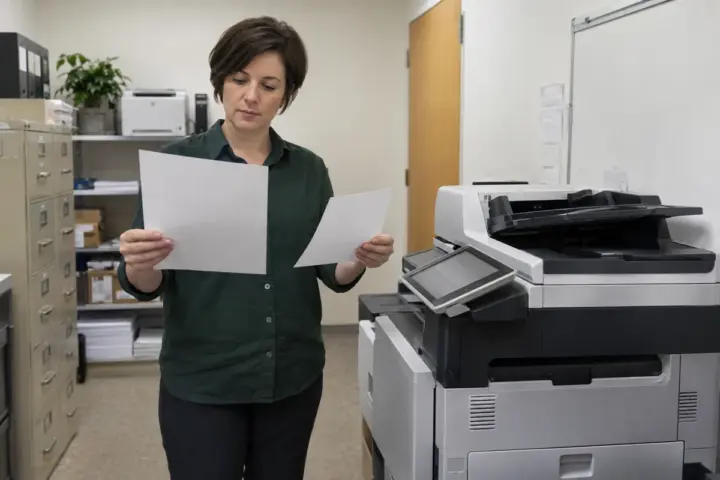 Office employee comparing blank sheet sizes beside a multifunction copier and smaller printer