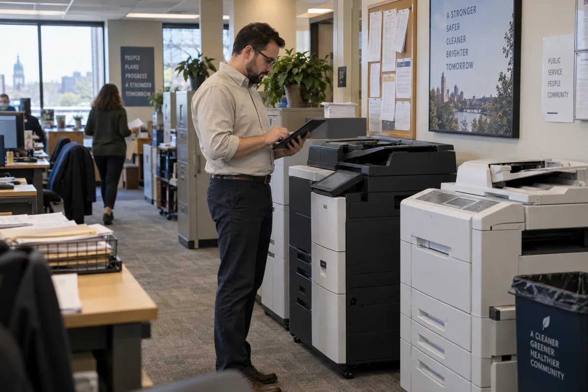 IT staff member reviewing a workplace printer fleet on a tablet in an administrative office