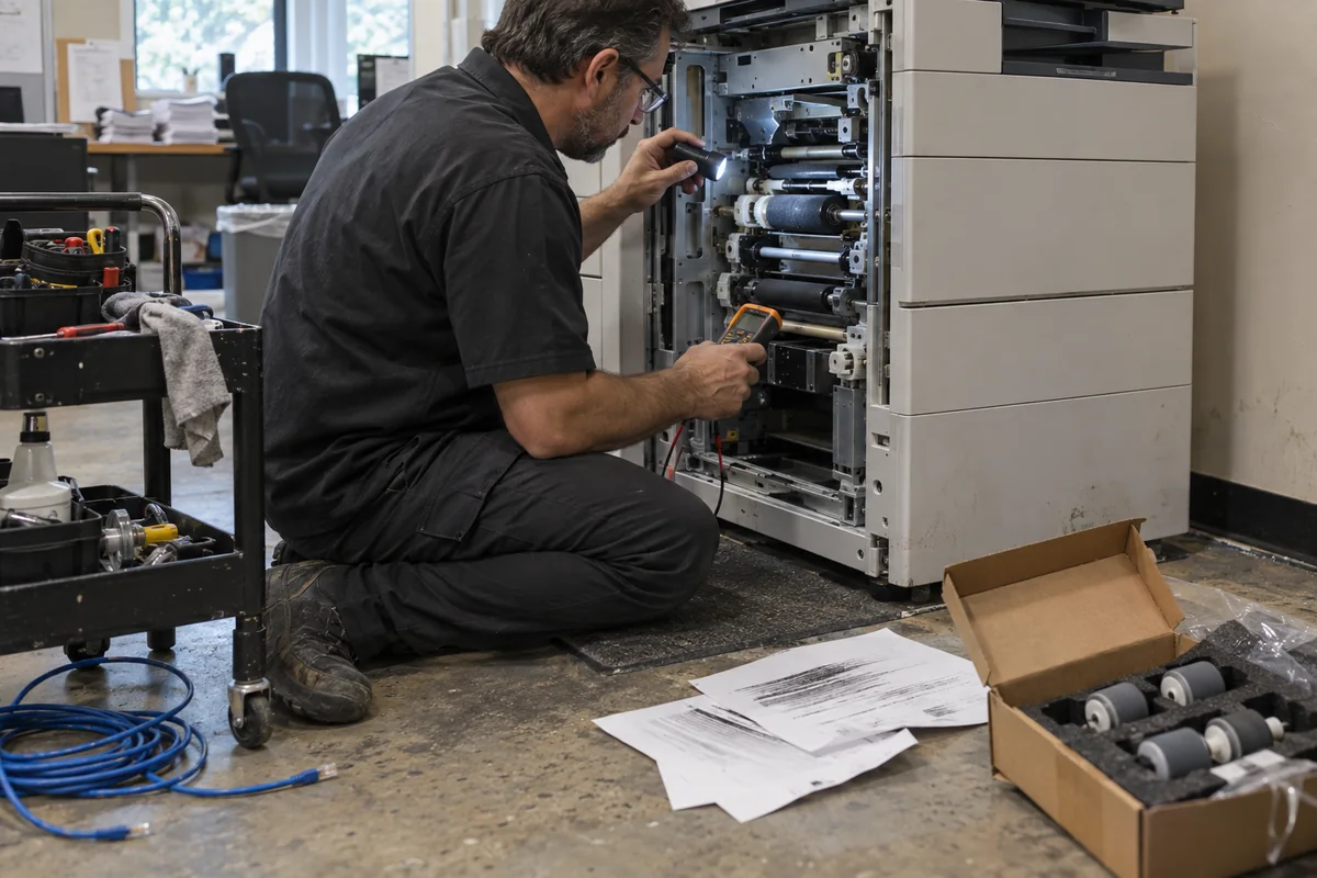Copier service technician inspecting rollers and network connections