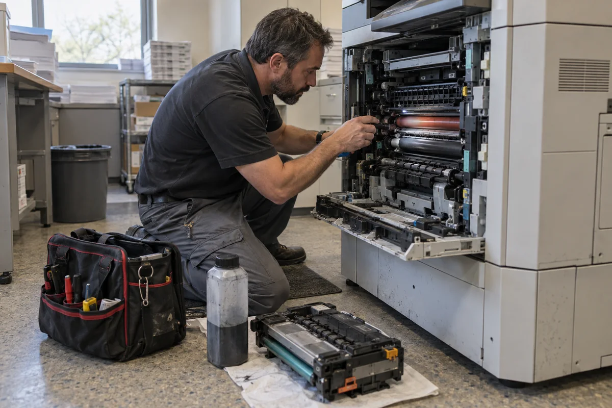 Copier technician inspecting internal service parts during a cost review