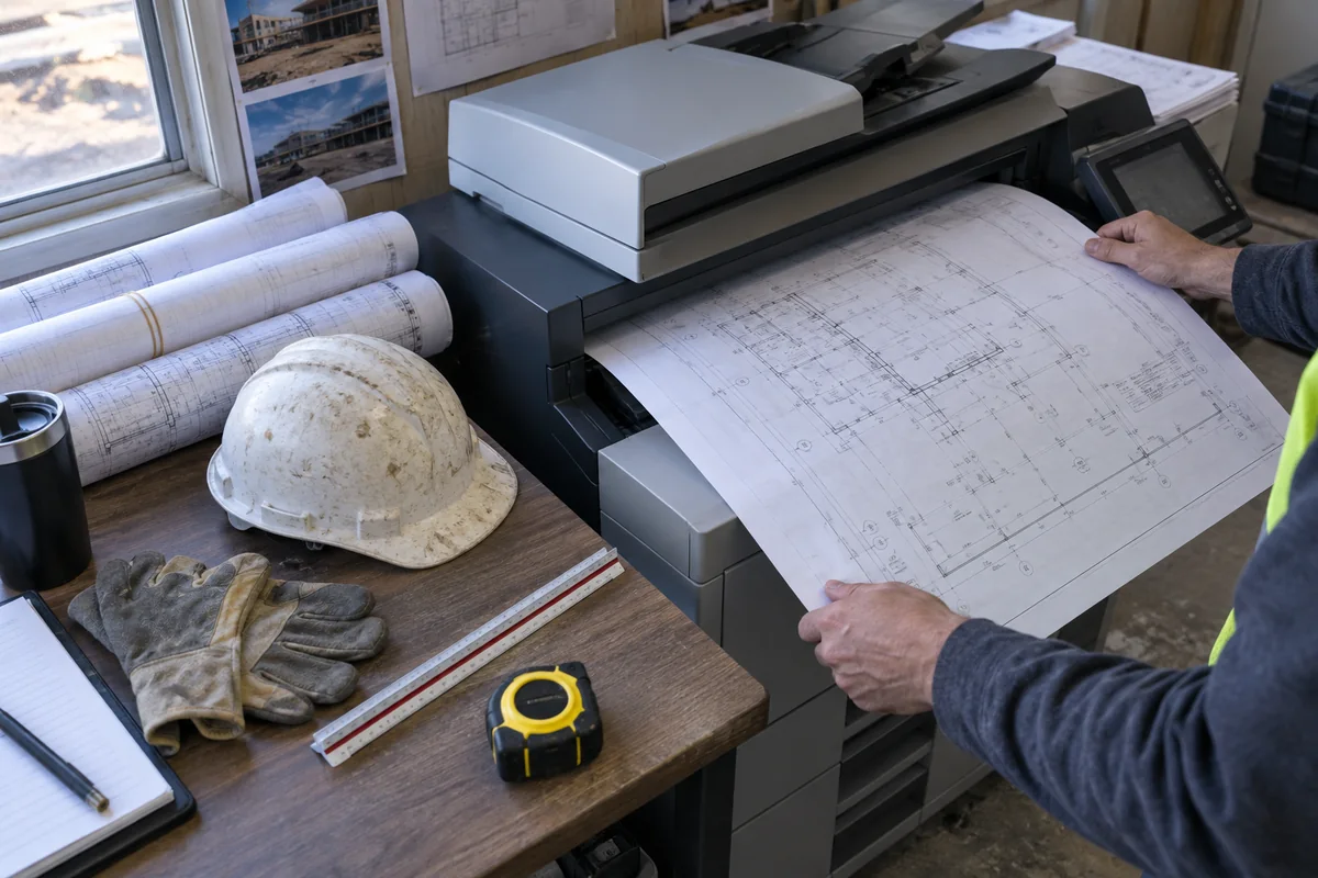 Construction drawings scanning through a copier in a jobsite trailer