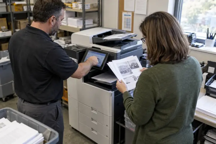 Copier technician demonstrating scanning and finishing to a facilities manager