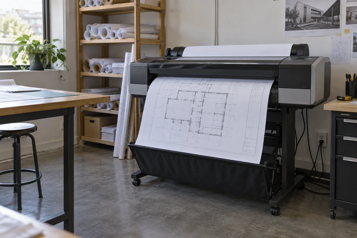 A wide-format printer in a modest architecture workspace