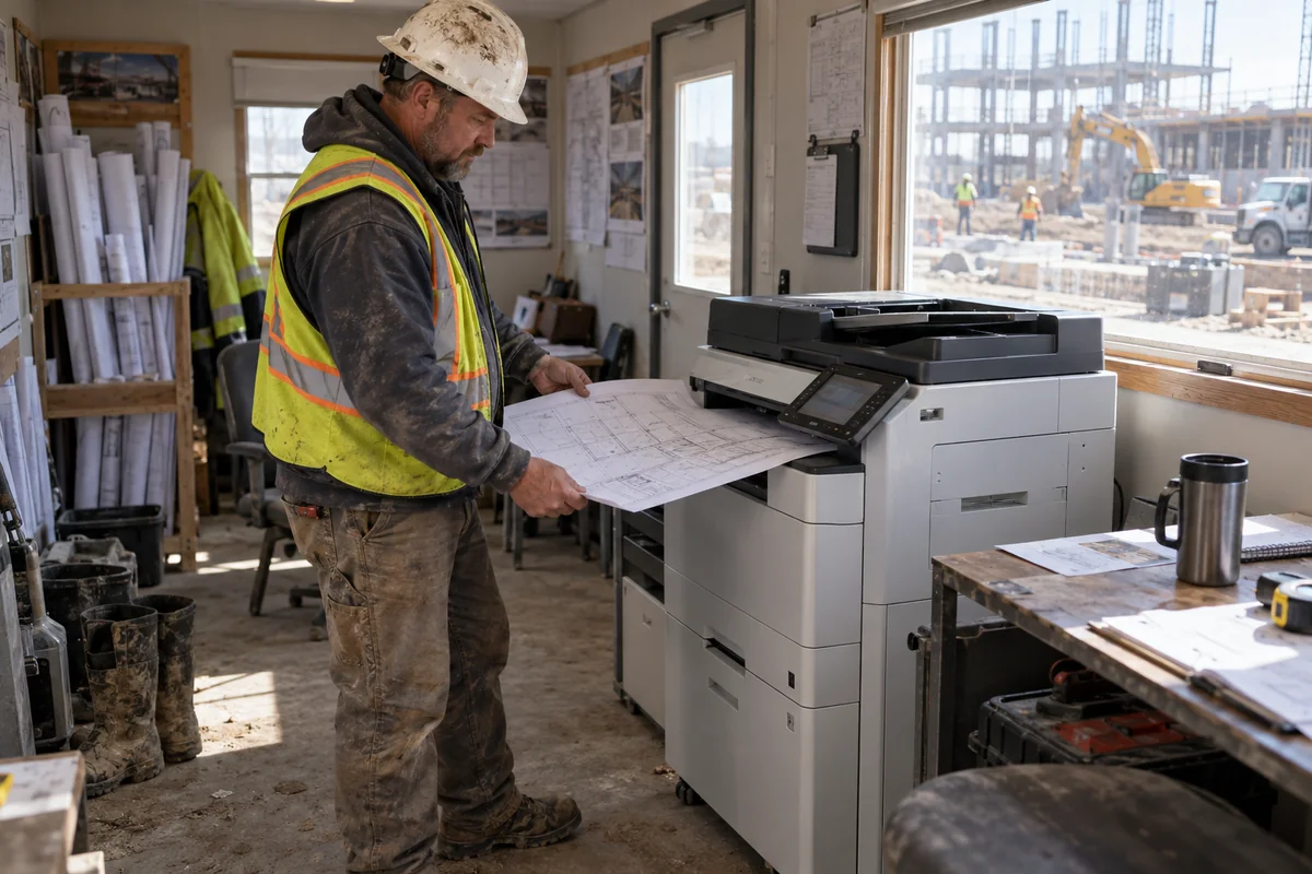 Construction superintendent printing plans from a copier in a jobsite trailer