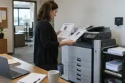 Office manager comparing copier proposals beside a multifunction copier