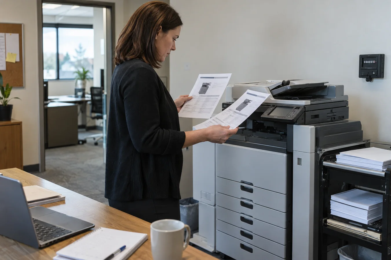 Office manager comparing copier proposals beside a multifunction copier